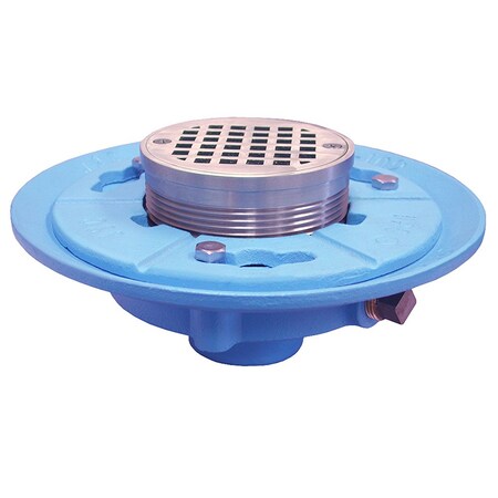 Jones Stephens 2in IPS Code Blue Floor Drain, 9in Pan, 4in Polished Brass Round Strainer, Height 3-1/4in - 4in D66688